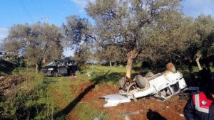 Çarpışan kamyonet ile otomobil zeytinliğe uçtu: 8 yaralı