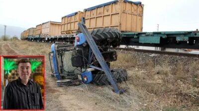 Afyonkarahisar'ın Dinar ilçesinde hemzemin geçitte yük treninin çarptığı traktördeki 1
