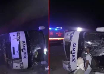 Yolcu otobüsü virajda devrildi
