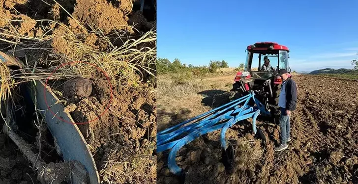 Çiftçinin traktörünün pulluğuna el bombası takıldı