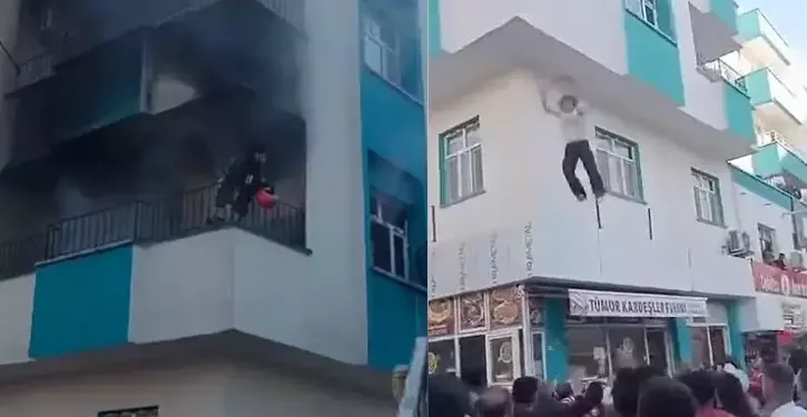 Genç kız ve çocuk battaniyeye atlayarak kurtuldu
