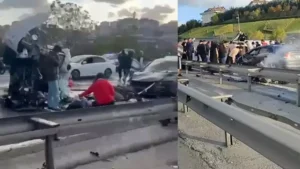 Takla atan hafif ticari araç karşı şeride geçti