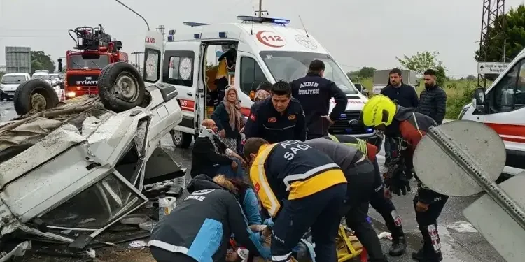 Aydın’da korkutan kaza Aile aracı takla attı, 6 yaralı (1)