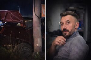 Kütahya’nın Tavşanlı ilçesinde yağış nedeniyle sürücüsünün kontrolünden çıkan otomobil, beton direğe çarptı.
