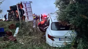 Devrilen kamyonet karşı şeride geçti; 2 ölü, 3 yaralı Devrilen kamyonet karşı şeride geçti; 2 ölü, 3 yaralı