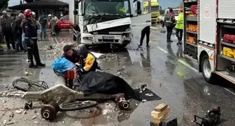 Kamyonun çarptığı beton direğin altında kaldı