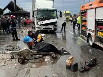 Kamyonun çarptığı beton direğin altında kaldı