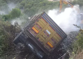 Şarampole devrilen kamyon ormanda yangın çıkardı  