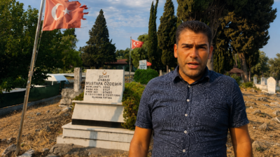 Aydın’ın Söke ilçesinde bir şehit mezarı başındaki Türk Bayrağı’nın yırtık