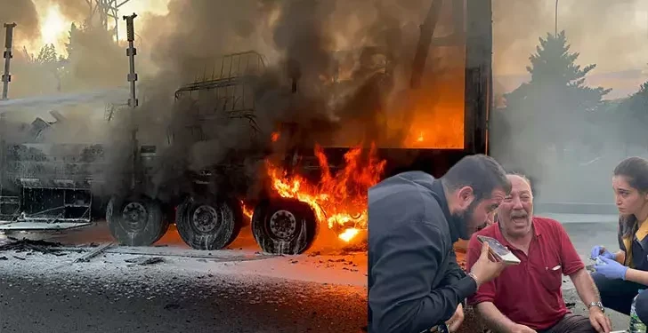 Sünger yüklü TIR alev aldı; şoför gözyaşlarını tutamadı