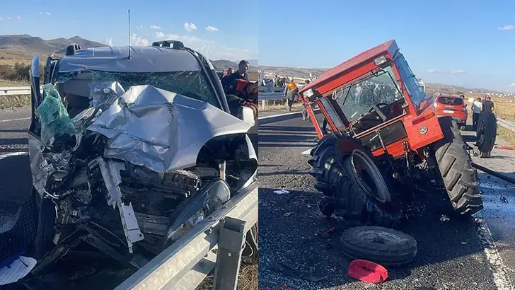Traktor ile arac hurdaya dondu Kazada 6 kisi yaralandi Traktor ile arac hurdaya dondu Kazada 6 kisi yaralandi